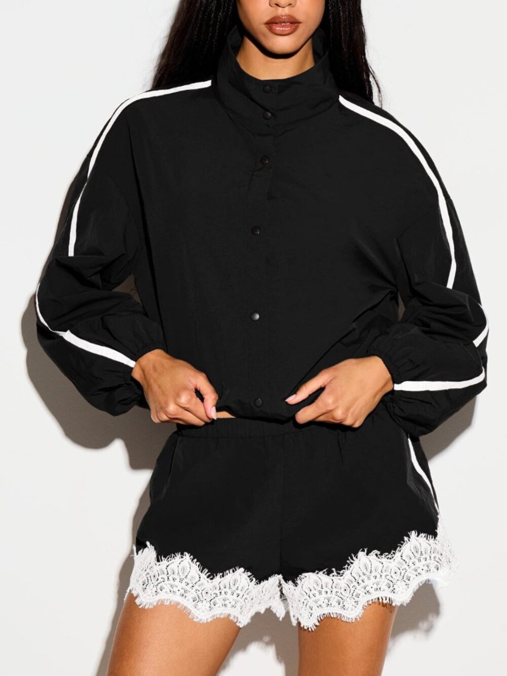 Black Casual Women's Oversized Stand Collar Snap Button Windbreaker